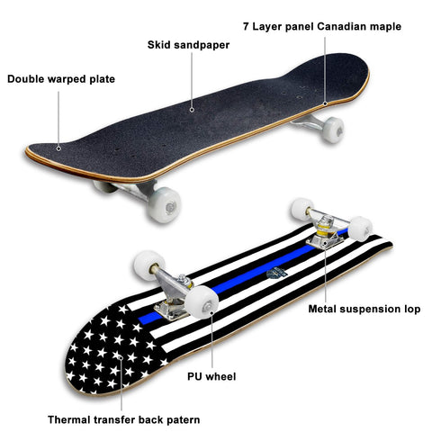 Thin Blue Line Flag Skateboard – Support Law Enforcement | Durable Maple Deck (Bright)