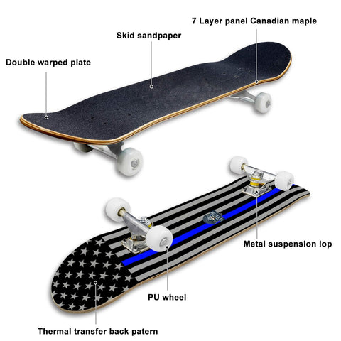 Thin Blue Line Flag Skateboard – Support Law Enforcement | Durable Maple Deck (Subdued)