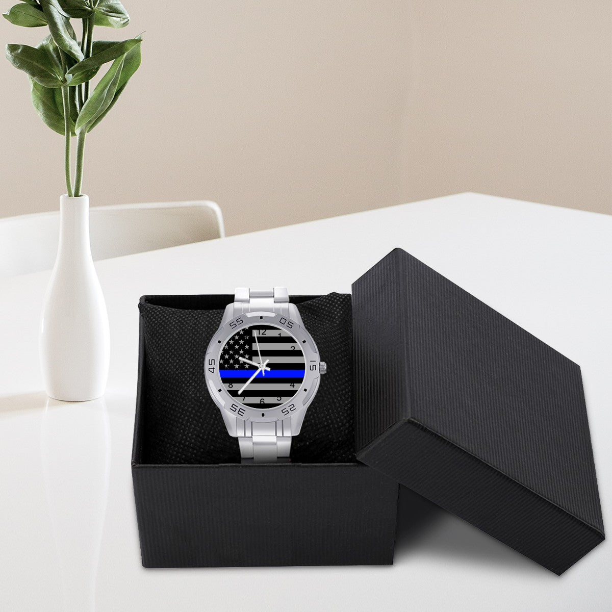 Thin Blue Line Flag Stainless Steel Business Watch - Elegant, High-Quality Timepiece