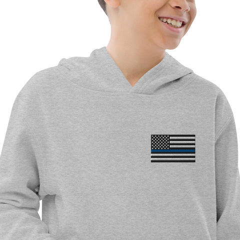 Kids Fleece Hoodie with Thin Blue Line Flag Embroidery - Cozy Support for Law Enforcement