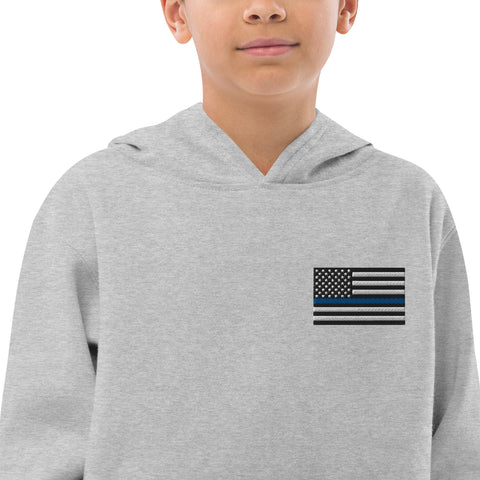 Kids Fleece Hoodie with Thin Blue Line Flag Embroidery - Cozy Support for Law Enforcement