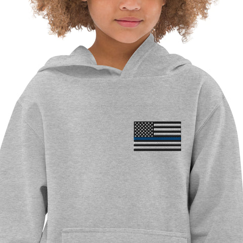 Kids Fleece Hoodie with Thin Blue Line Flag Embroidery - Cozy Support for Law Enforcement