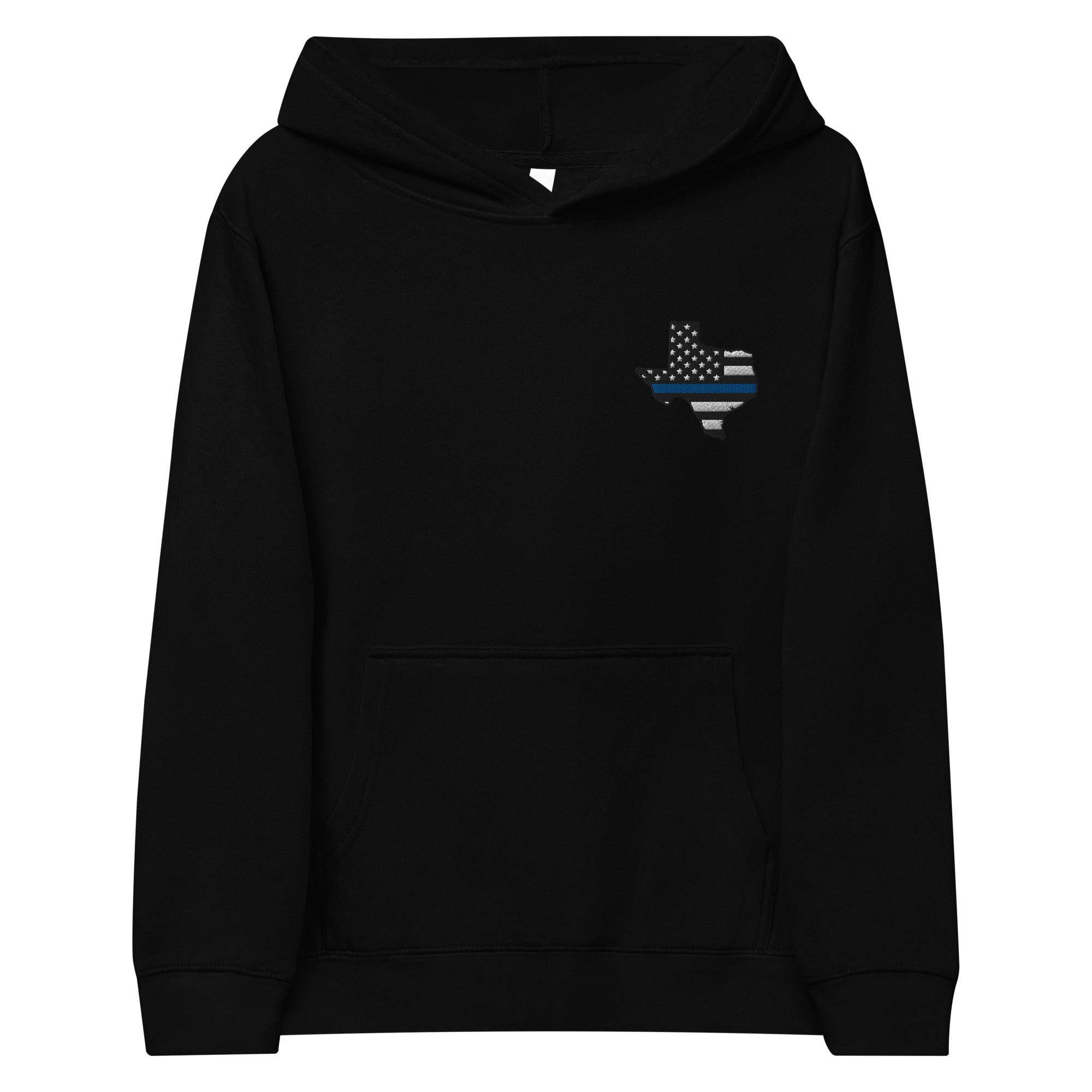 Kid's Fleece Hoodie with the Thin Blue Line Embroidery in the Shape of Texas- Cozy Support for Law Enforcement