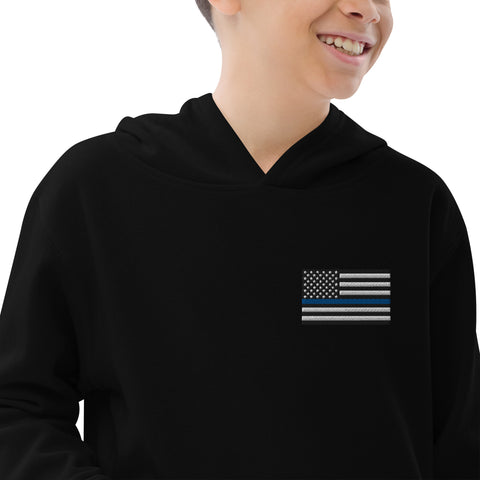 Kids Fleece Hoodie with Thin Blue Line Flag Embroidery - Cozy Support for Law Enforcement