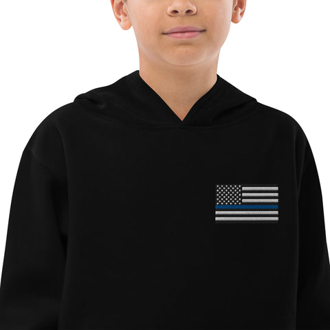 Kids Fleece Hoodie with Thin Blue Line Flag Embroidery - Cozy Support for Law Enforcement