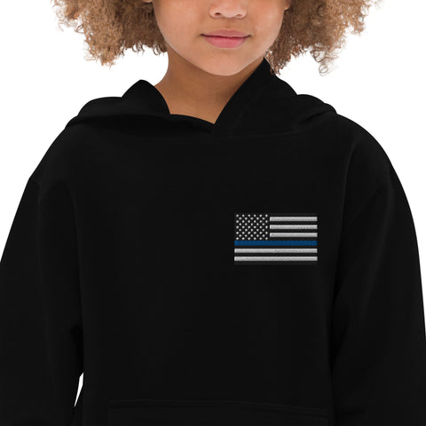 Kids Fleece Hoodie with Thin Blue Line Flag Embroidery - Cozy Support for Law Enforcement