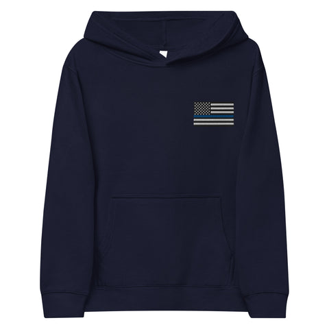 Kids Fleece Hoodie with Thin Blue Line Flag Embroidery - Cozy Support for Law Enforcement