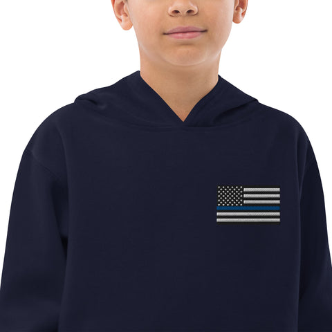 Kids Fleece Hoodie with Thin Blue Line Flag Embroidery - Cozy Support for Law Enforcement