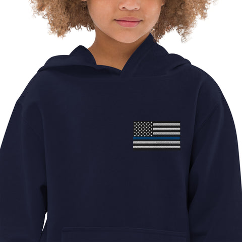 Kids Fleece Hoodie with Thin Blue Line Flag Embroidery - Cozy Support for Law Enforcement