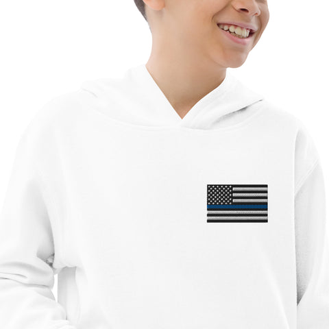 Kids Fleece Hoodie with Thin Blue Line Flag Embroidery - Cozy Support for Law Enforcement