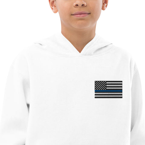 Kids Fleece Hoodie with Thin Blue Line Flag Embroidery - Cozy Support for Law Enforcement