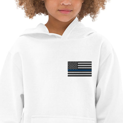 Kids Fleece Hoodie with Thin Blue Line Flag Embroidery - Cozy Support for Law Enforcement