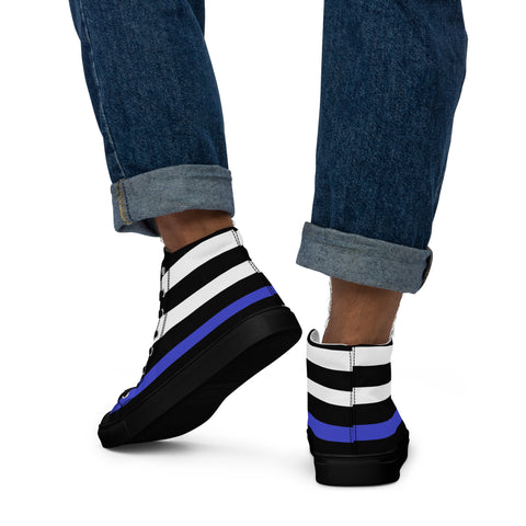 Stylish Thin Blue Line Flag Men's Canvas High Tops - Black and White Stripes and Stars on the Tongue