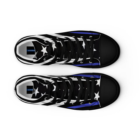 Stylish Thin Blue Line Flag Men's Canvas High Tops - Black and White Stripes and Stars on the Tongue