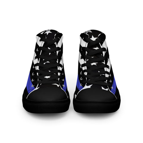 Stylish Thin Blue Line Flag Men's Canvas High Tops - Black and White Stripes and Stars on the Tongue