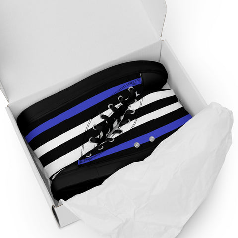 Stylish Thin Blue Line Flag Men's Canvas High Tops - Black and White Stripes and Stars on the Tongue