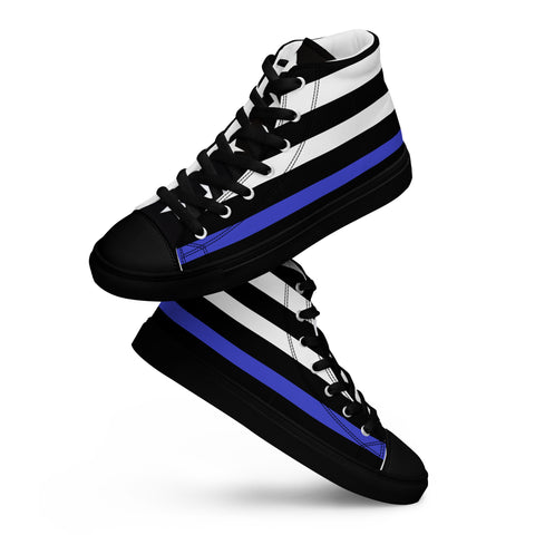 Stylish Thin Blue Line Flag Men's Canvas High Tops - Black and White Stripes and Stars on the Tongue