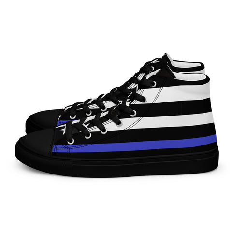 Stylish Thin Blue Line Flag Men's Canvas High Tops - Black and White Stripes and Stars on the Tongue