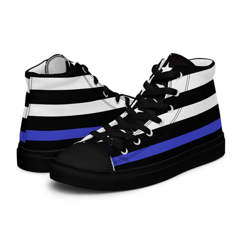 Stylish Thin Blue Line Flag Men's Canvas High Tops - Black and White Stripes and Stars on the Tongue