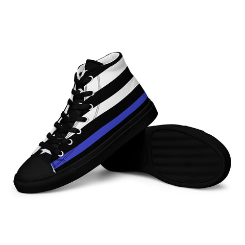 Stylish Thin Blue Line Flag Men's Canvas High Tops - Black and White Stripes and Stars on the Tongue