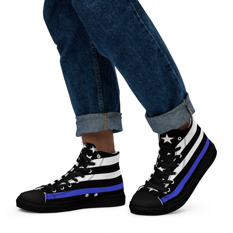 Stylish Thin Blue Line Flag Men's Canvas High Tops - Black and White Stripes and Stars on the Tongue