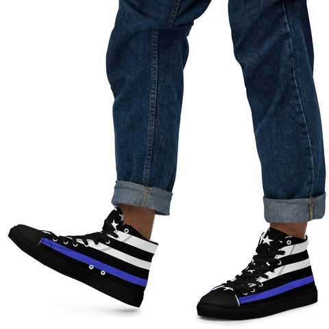 Stylish Thin Blue Line Flag Men's Canvas High Tops - Black and White Stripes and Stars on the Tongue