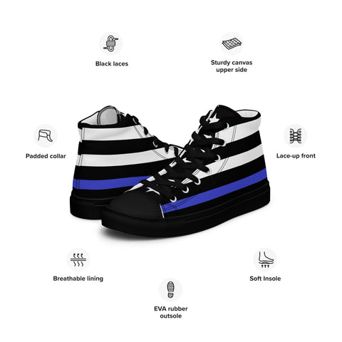 Stylish Thin Blue Line Flag Men's Canvas High Tops - Black and White Stripes and Stars on the Tongue