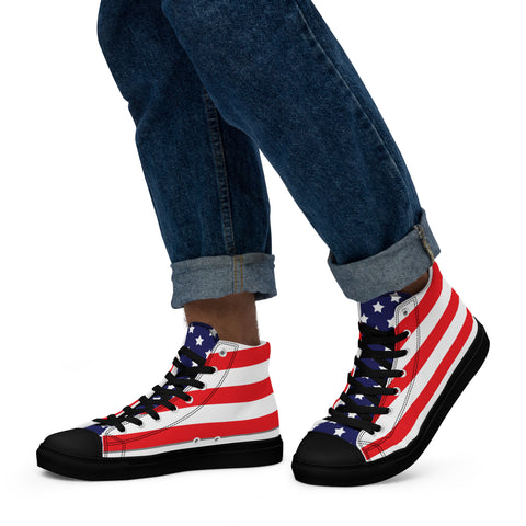 Patriotic Men's High Top Canvas Shoes - American Flag Design