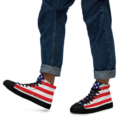 Patriotic Men's High Top Canvas Shoes - American Flag Design