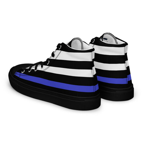 Stylish Thin Blue Line Flag Men's Canvas High Tops - Black and White Stripes and Stars on the Tongue