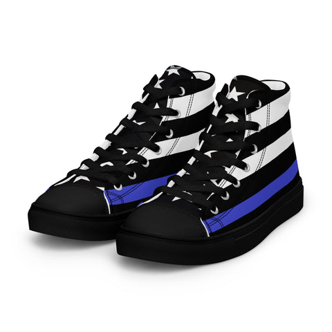 Stylish Thin Blue Line Flag Men's Canvas High Tops - Black and White Stripes and Stars on the Tongue