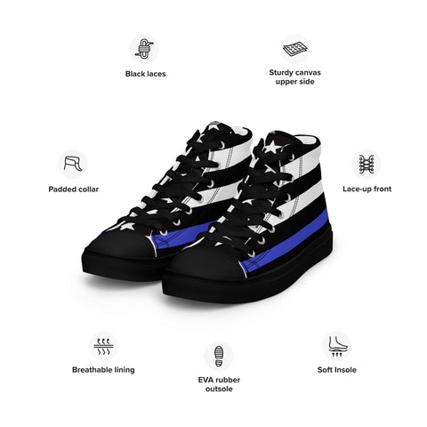 Stylish Thin Blue Line Flag Men's Canvas High Tops - Black and White Stripes and Stars on the Tongue