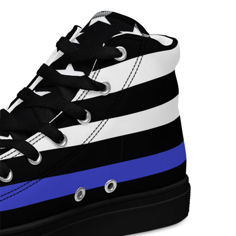 Stylish Thin Blue Line Flag Men's Canvas High Tops - Black and White Stripes and Stars on the Tongue