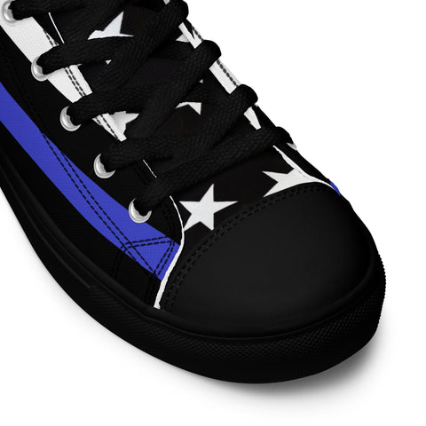 Stylish Thin Blue Line Flag Men's Canvas High Tops - Black and White Stripes and Stars on the Tongue