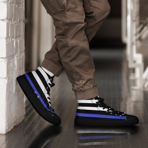 Stylish Thin Blue Line Flag Men's Canvas High Tops - Black and White Stripes and Stars on the Tongue