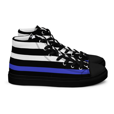 Stylish Thin Blue Line Flag Men's Canvas High Tops - Black and White Stripes and Stars on the Tongue