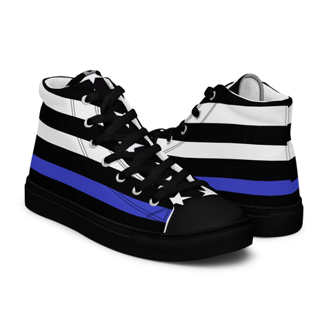 Stylish Thin Blue Line Flag Men's Canvas High Tops - Black and White Stripes and Stars on the Tongue