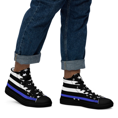 Stylish Thin Blue Line Flag Men's Canvas High Tops - Black and White Stripes and Stars on the Tongue