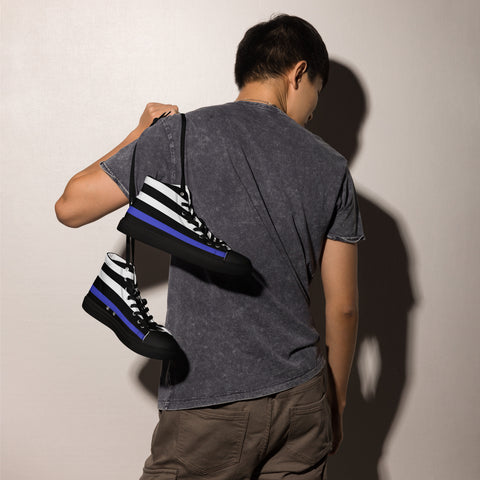 Stylish Thin Blue Line Flag Men's Canvas High Tops - Black and White Stripes and Stars on the Tongue