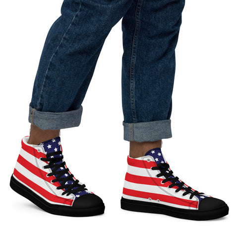 Patriotic Men's High Top Canvas Shoes - American Flag Design