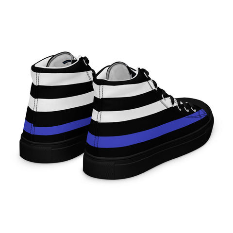 Stylish Thin Blue Line Flag Men's Canvas High Tops - Black and White Stripes and Stars on the Tongue