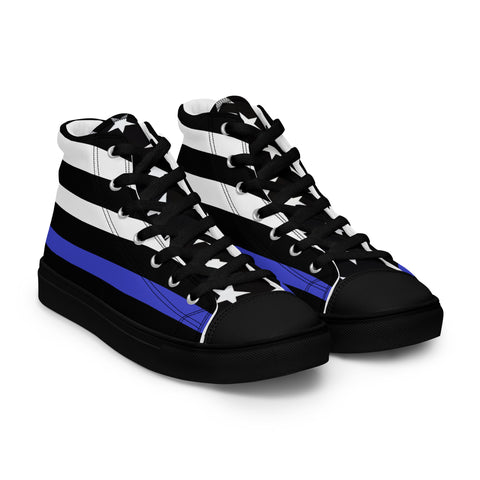 Stylish Thin Blue Line Flag Men's Canvas High Tops - Black and White Stripes and Stars on the Tongue