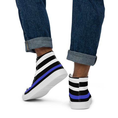 Stylish Thin Blue Line Flag Men's Canvas High Tops - Black and White Stripes and Stars on the Tongue