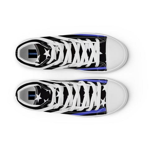 Stylish Thin Blue Line Flag Men's Canvas High Tops - Black and White Stripes and Stars on the Tongue