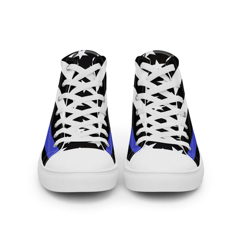 Stylish Thin Blue Line Flag Men's Canvas High Tops - Black and White Stripes and Stars on the Tongue