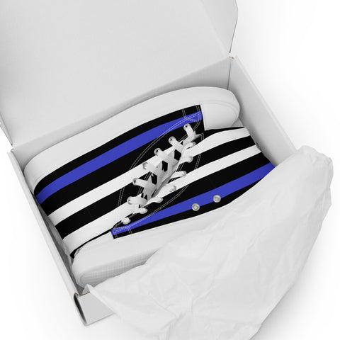 Stylish Thin Blue Line Flag Men's Canvas High Tops - Black and White Stripes and Stars on the Tongue