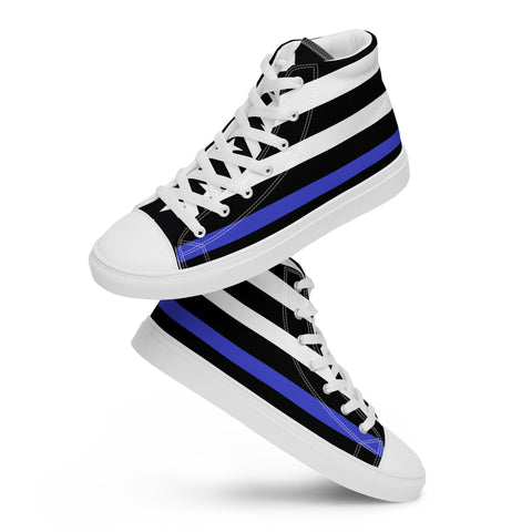 Stylish Thin Blue Line Flag Men's Canvas High Tops - Black and White Stripes and Stars on the Tongue