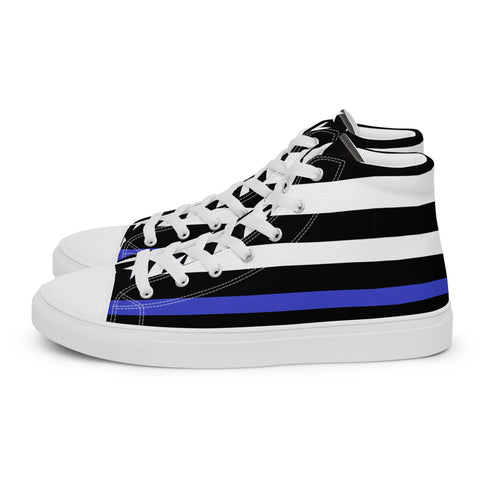 Stylish Thin Blue Line Flag Men's Canvas High Tops - Black and White Stripes and Stars on the Tongue