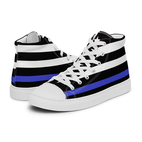 Stylish Thin Blue Line Flag Men's Canvas High Tops - Black and White Stripes and Stars on the Tongue