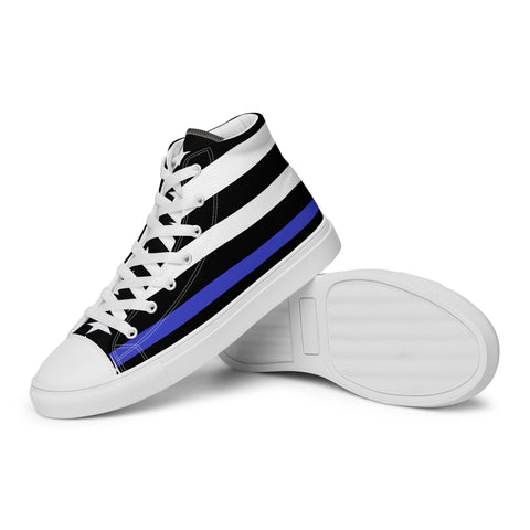 Stylish Thin Blue Line Flag Men's Canvas High Tops - Black and White Stripes and Stars on the Tongue